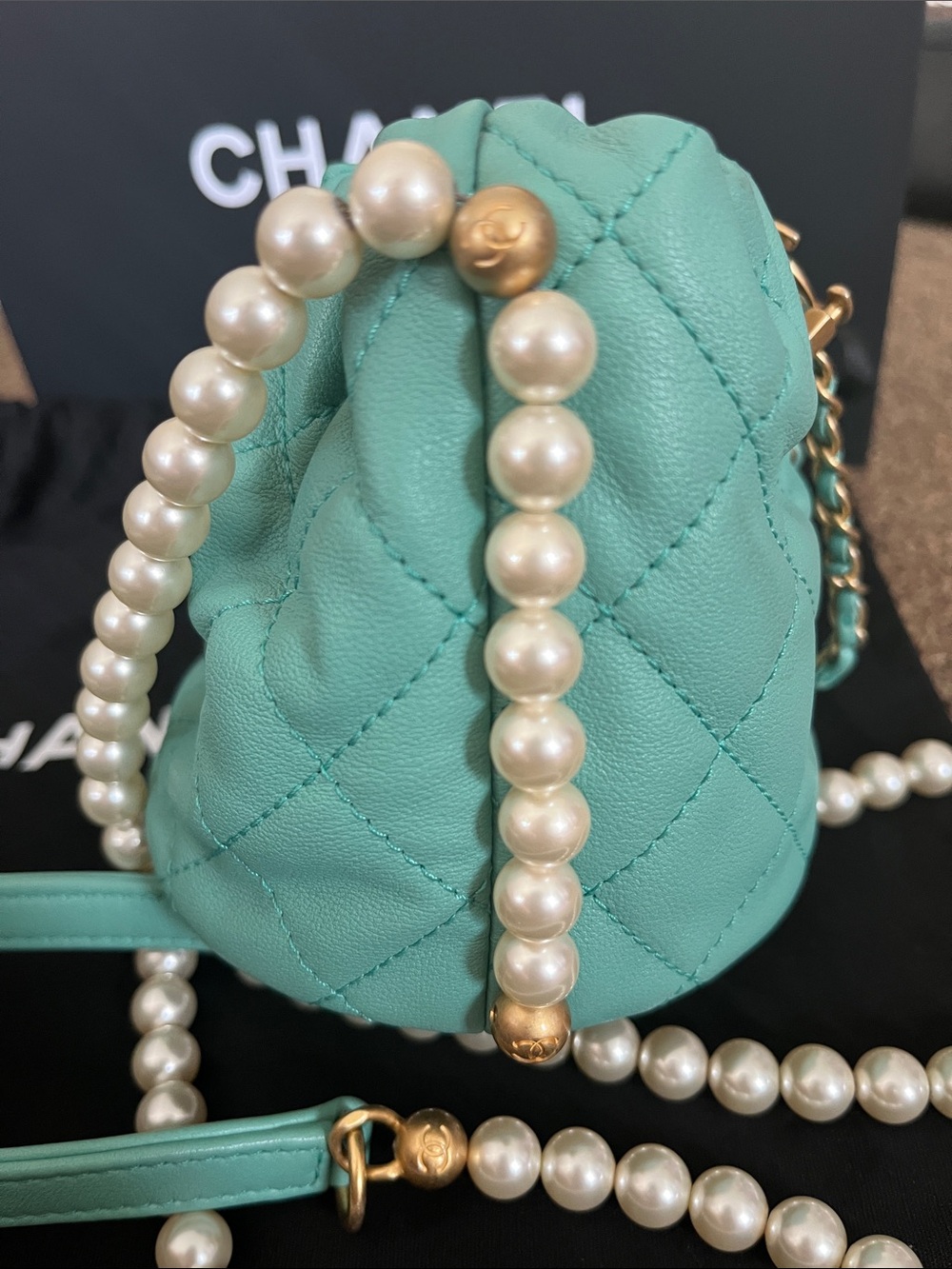 CHANEL Tiffany Blue Quilted Lambskin Mini Drawstring Bucket Bag with Pearl Chain - Picture 5 of 6
